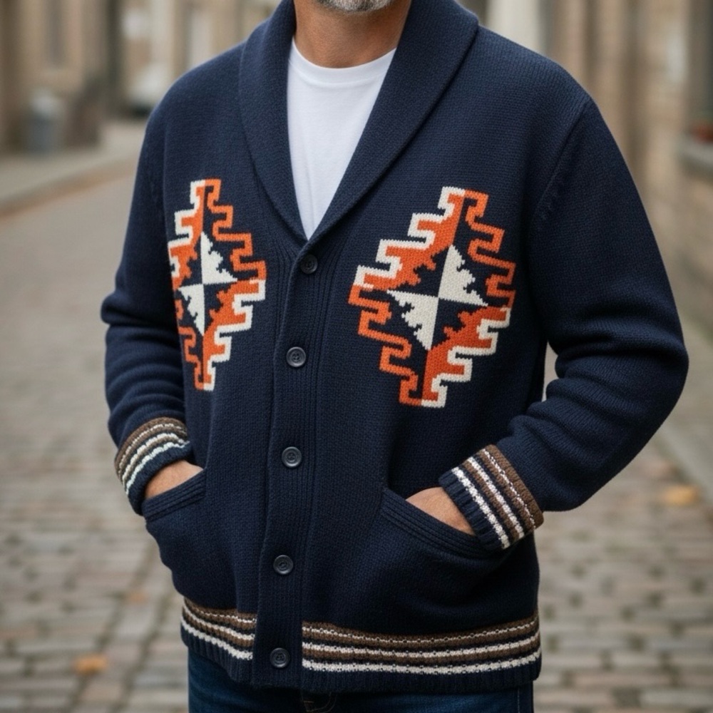 Lucky Brand Aztec Southwest Style Wool Cardigan Navy Rust Sz XXL